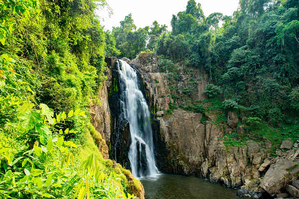 Bild eines atemberaubenden Wasserfalls im Khao Yai Nationalpark, umgeben von üppiger grüner Vegetation