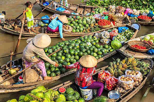 Bunte Boote und geschäftige Händler auf dem Schwimmenden Markt im malerischen Mekong Delta, Vietnam