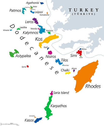 Landkarte der Dodekanes – griechische Inselgruppe in der Ägäis