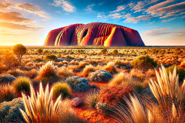 Ayers Rock bei Sonnenuntergang, umgeben von der beeindruckenden Wüstenlandschaft im Uluru-Kata-Tjuta Nationalpark, Ozeanien Reisen